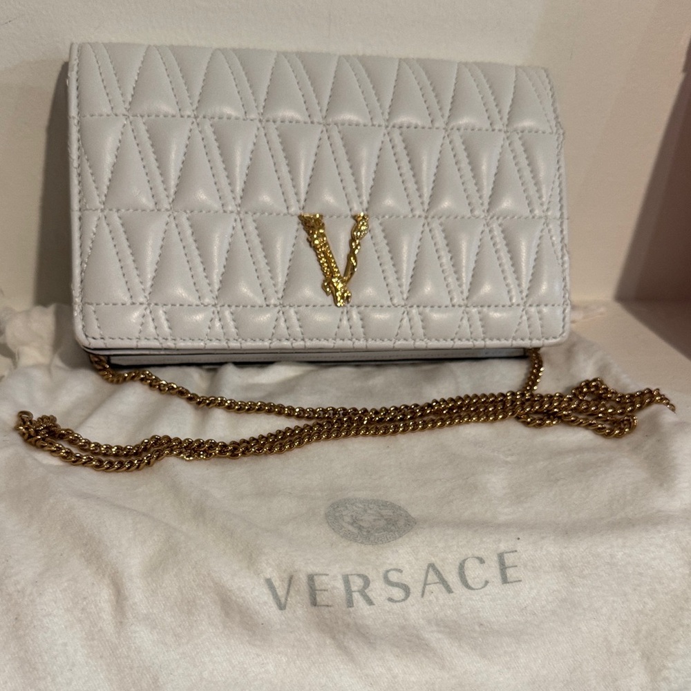 Versace White Quilted Clutch with Gold Chain